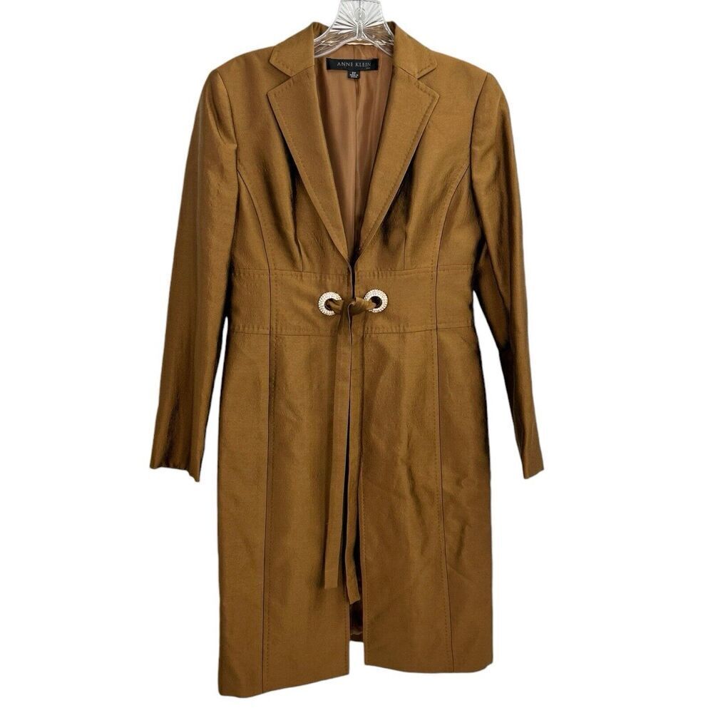 Anne Klein Duster Coat Bronze Tie Closure Women's Silk Wool Size 2 Petite